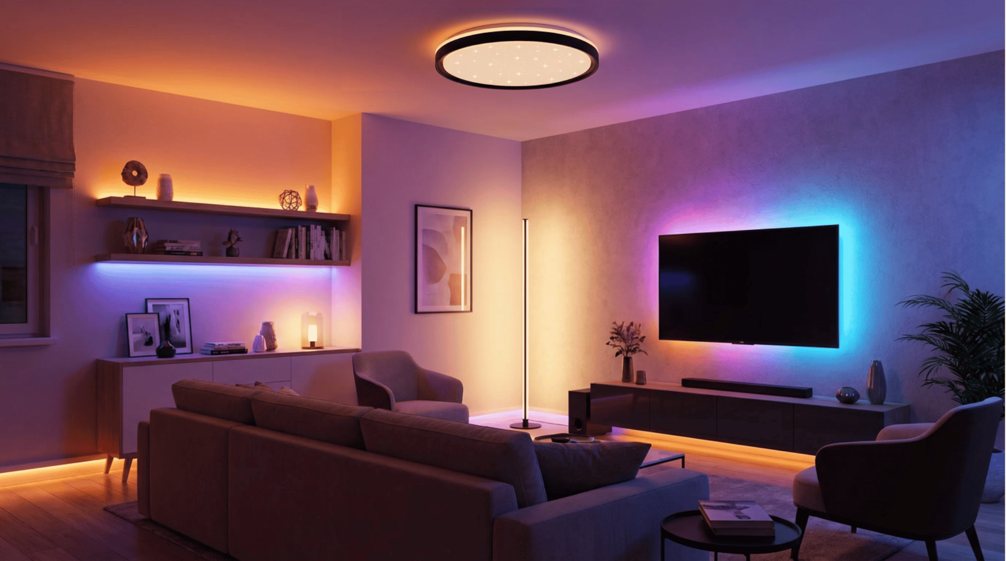 osvětlení do obýváku pro inspiraci - styl smart home inteligentní svítidla