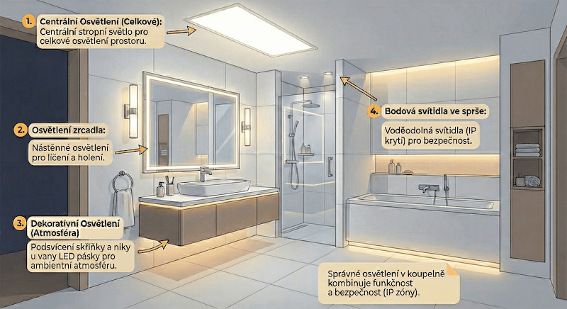 Rozmístění světel v koupelně 