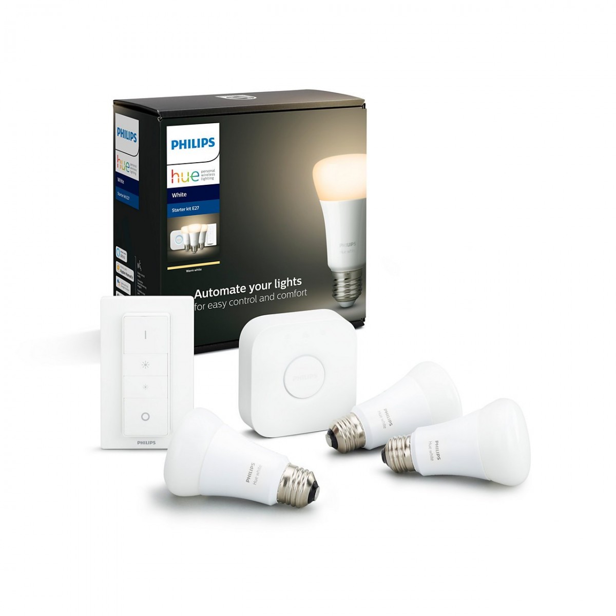 Philips Hue 8718696785232 Starter kit 3x LED žárovka + ovladač Dimmer Switch + Bridge 1x9,5W | E27 | 806lm | 2700K - Bluetooth, White Philips Hue sada + 3 E27 9,5W W BT + vypínač