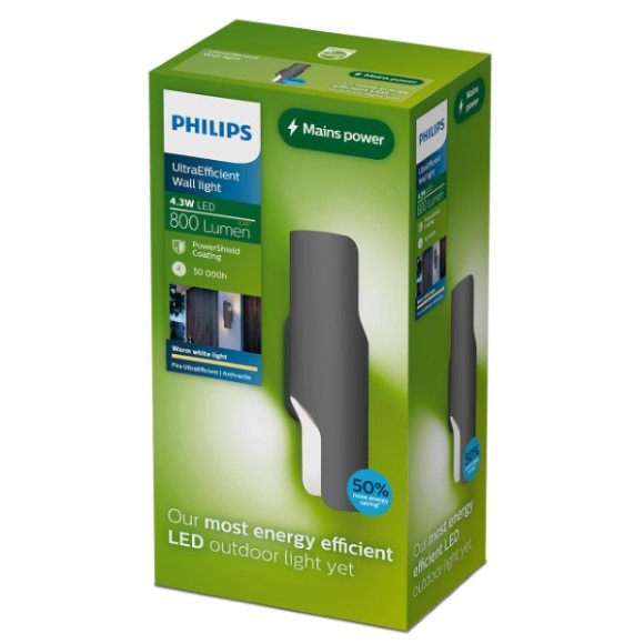 Philips 8721103104793 LED venkovní nástěnné svítidlo Fira  | 4W integrovaný LED zdroj | 800lm | 2700K | antracit