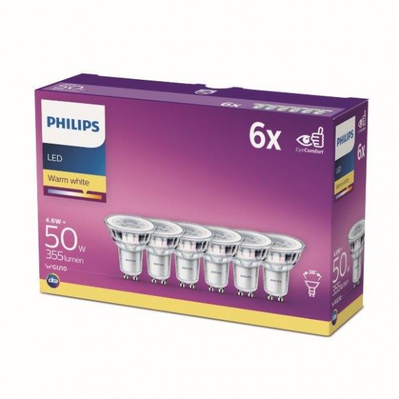 Philips 8718696586013 LED sada filamentových žárovek 6x4,6W-50W | GU10 | 355lm | 2700K - set 6ks