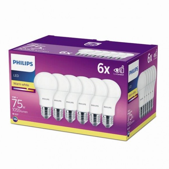 Philips 8718696586297 6x LED žárovka 11w|E27|2700K - six pack, EYECOMFORT