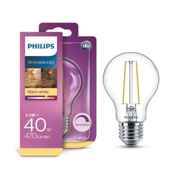 Philips LED 8718696709023 žárovka Classic 1x5,5W/40W | E27 | 470lm | 2700K - stmívatelná, čirá