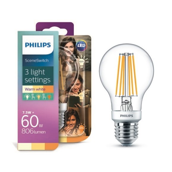 Philips8718696743096 LED žárovka Classic 1,6-3-7,5W|E27|2200-2500-2700K - funkce SceneSwitch