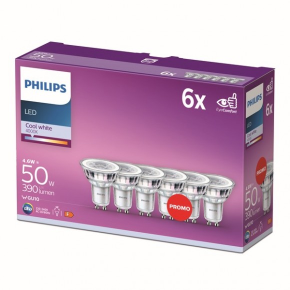 Philips 8718696764657 LED žárovky 6x4,6W/50W | GU10 | 390lm | 4000K | 36D | PAR16 - set 6 ks