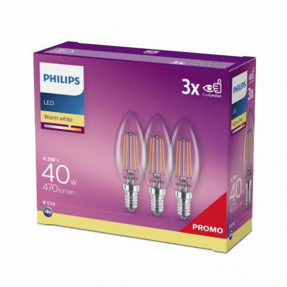 Philips 8718699612337 3x LED žárovka Classic 4,3W|E14|2700K - triple pack, EYECOMFORT