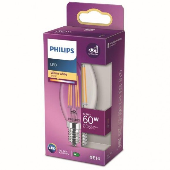 Philips 8718699762193 LED žárovka 1x6,5W | E14 | 806lm | 2700K - teplá bílá, čirá, EyeComfort