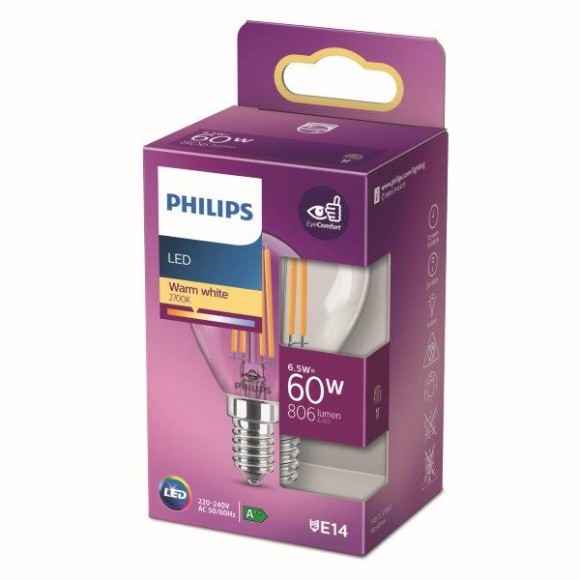 Philips 8718699762292 LED žárovka 1x6,5W | E14 | 806lm | 2700K - teplá bílá, čirá, EyeComfort