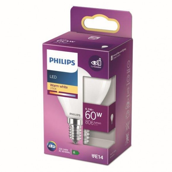 Philips 8718699762834 LED žárovka 1x6,5W | E14 | 806lm | 2700K - teplá bílá, matná bílá, EyeComfort