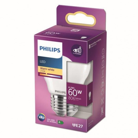 Philips 8718699762858 LED žárovka 1x6,5W | E27 | 806lm | 2700K - teplá bílá, matná bílá, EyeComfort