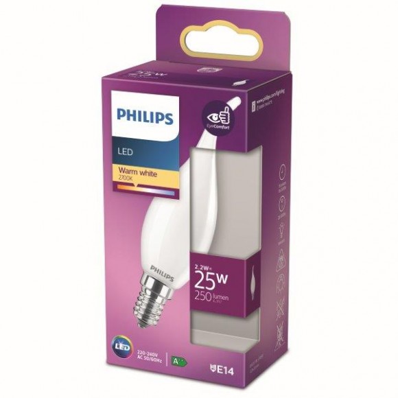 Philips 8718699762933 LED žárovka 1x2,2W | E14 | 250lm | 2700K - teplá bílá, matná bílá, EyeComfort