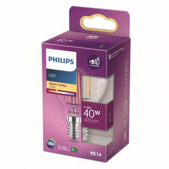 Philips 8718699763152 LED žárovka 1x4,3W | E14 | 470lm | 2700K - teplá bílá, čirá, EyeComfort