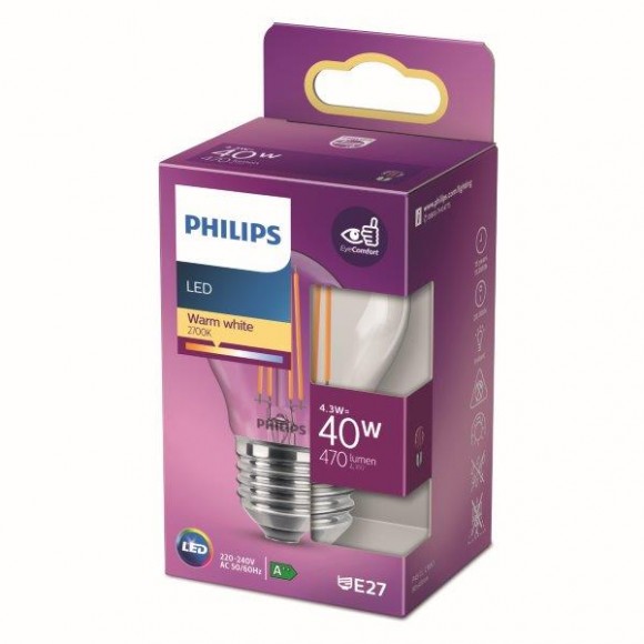 Philips 8718699763176 LED žárovka 1x4,3W | E27 | 470lm | 2700K - teplá bílá, čirá, EyeComfort