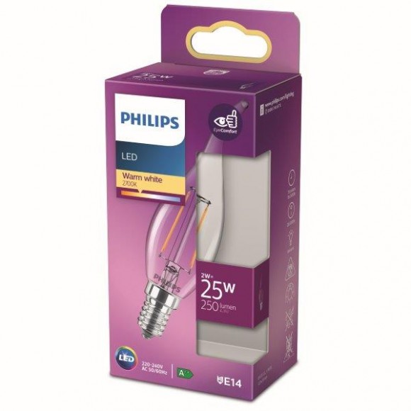 Philips 8718699763190 LED žárovka 1x2W | E14 | 250lm | 2700K - teplá bílá, čirá, EyeComfort