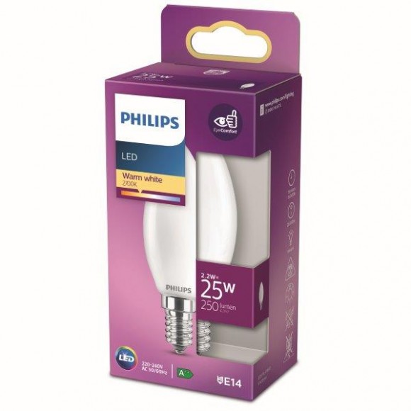 Philips 8718699763374 LED žárovka 1x2,2W | E14 | 250lm | 2700K - teplá bílá, matná bílá, EyeComfort