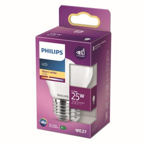 Philips 8718699763459 LED žárovka 1x2,2W | E27 | 250lm | 2700K - teplá bílá, matná bílá, EyeComfort