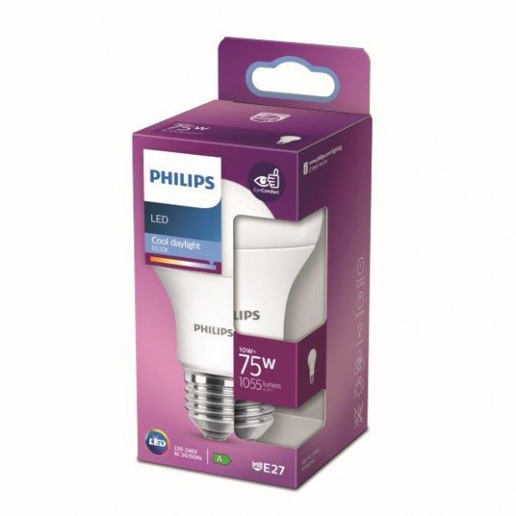 Philips 8718699769369 LED žárovka 1x10W | E27 | 1055lm | 6500K - studené denní světlo, matná bílá, EyeComfort