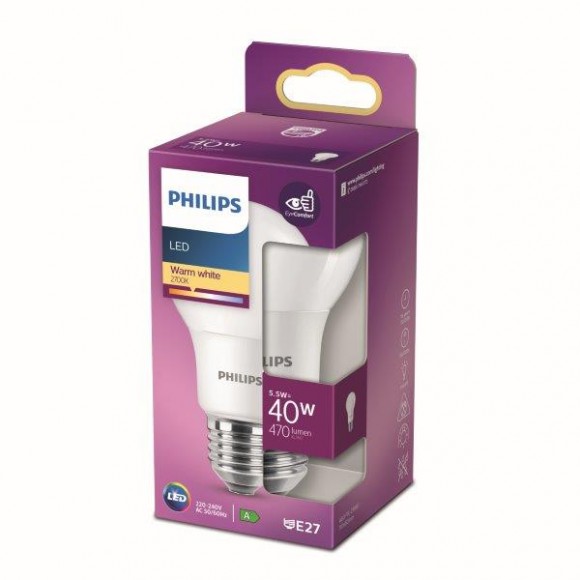 Philips 8718699769581 LED žárovka 1x5,5W | E27 | 470lm | 2700K - teplá bílá, matná bílá, EyeComfort