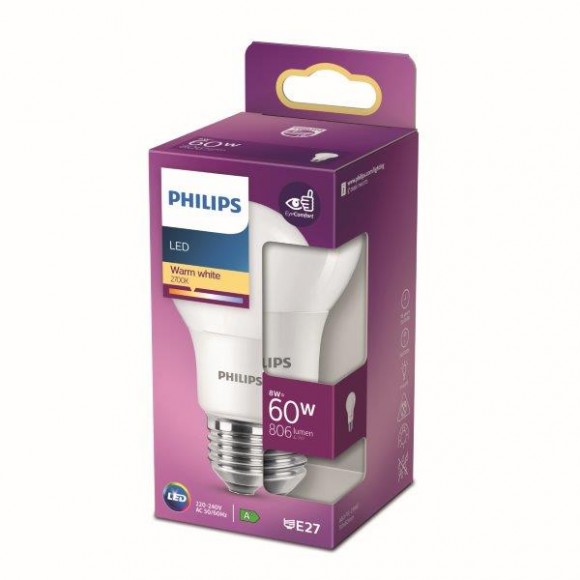 Philips 8718699769642 LED žárovka 1x8W | E27 | 806lm | 2700K - teplá bílá, matná bílá, EyeComfort