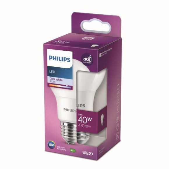 Philips 8718699769826 LED žárovka 1x5W | E27 | 470lm | 4000K - studená bílá, matná bílá, EyeComfort