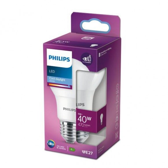 Philips 8718699769901 LED žárovka 1x5W | E27 | 470lm | 6500K - studené denní světlo, matná bílá, EyeComfort
