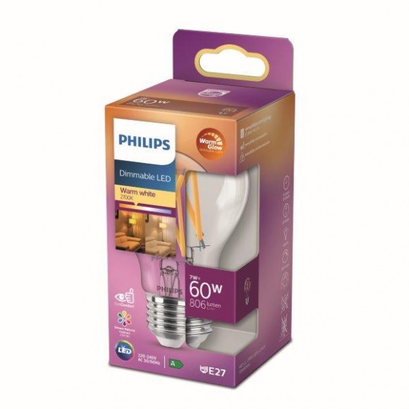 Philips 8718699770402 LED žárovka 1x7W | E27 | 806lm | 2200-2700K - Warm Glow, stmívatelná, čirá, EyeComfort
