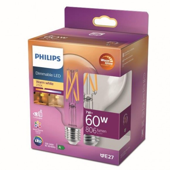 Philips 8718699770488 LED žárovka 1x7W | E27 | 806lm | 2200-2700K - Warm Glow, stmívatelná, čirá, EyeComfort