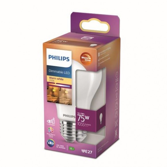 Philips 8718699770921 LED žárovka 1x10,5W | E27 | 1055lm | 2200-2700K - Warm Glow, stmívatelná, matná bílá, EyeComfort
