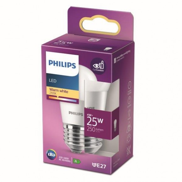 Philips 8718699771751 LED žárovka 1x4W | E27 | 250lm | 2700K - teplá bílá, matná bílá, EyeComfort