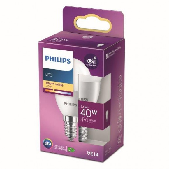 Philips 8718699771775 LED žárovka 1x5,5W | E14 | 470lm | 2700K - teplá bílá, matná bílá, EyeComfort