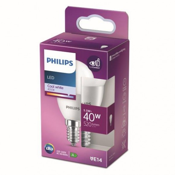 Philips 8718699771836 LED žárovka 1x5,5W | E14 | 520lm | 4000K - studená bílá, matná bílá, EyeComfort
