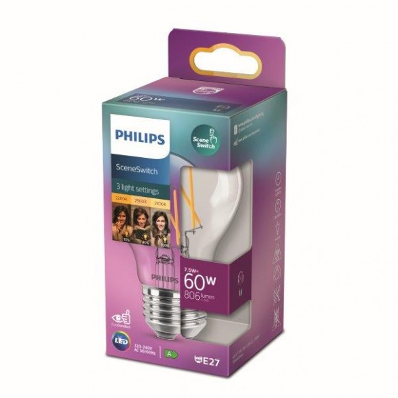 Philips 8718699772130 LED žárovka 1x7,5/3/1,6W | E27 | 806lm | 2200K-2500-2700K - 3 světelné módy, čirá, Eyecomfort