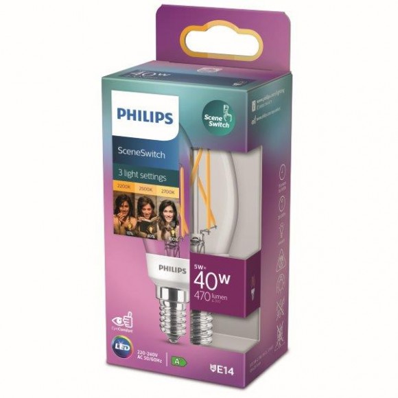 Philips 8718699772154 LED žárovka 1x5/2,5/1W | E14 | 470lm | 2200K-2500-2700K - 3 světelné módy, čirá, Eyecomfort
