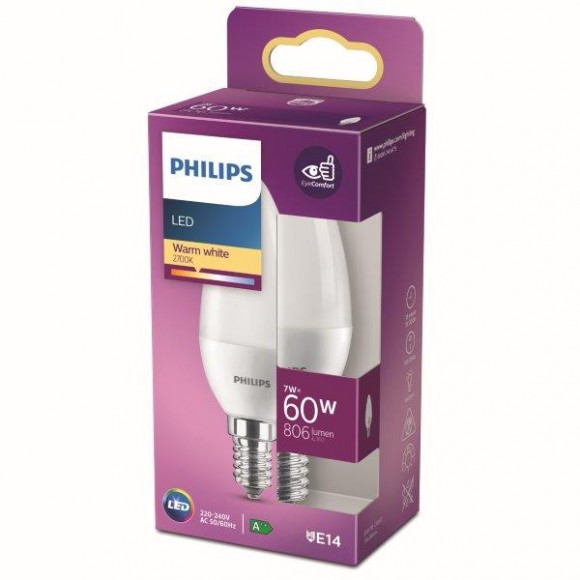 Philips 8718699772215 LED žárovka 1x7W | E14 | 806lm | 2700K - teplá bílá, matná bílá , Eyecomfort