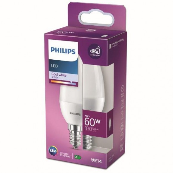 Philips 8718699772277 LED žárovka 1x7W | E14 | 830lm | 4000K - studená bílá, matná bílá, Eyecomfort