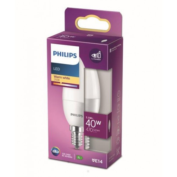 Philips 8718699772390 LED žárovka 1x5,5W | E14 | 470lm | 2700K - teplá bílá, matná bílá, Eyecomfort
