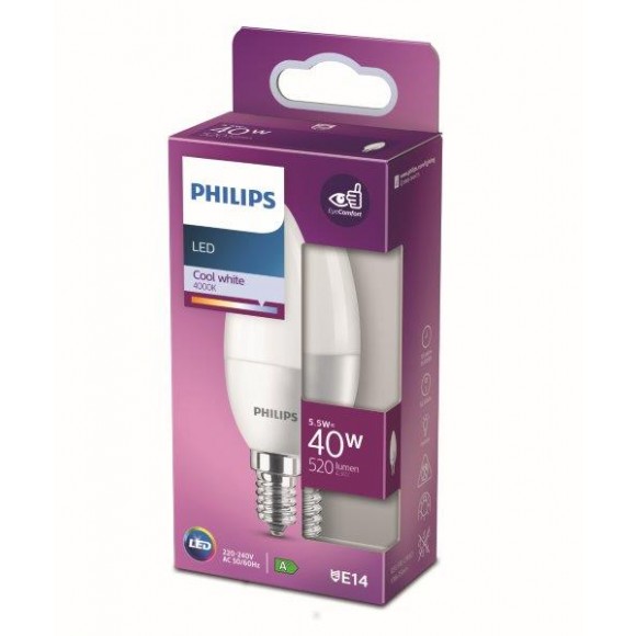 Philips 8718699772673 LED žárovka 1x5,5W | E14 | 520lm | 4000K - studená bílá, matná bílá , Eyecomfort
