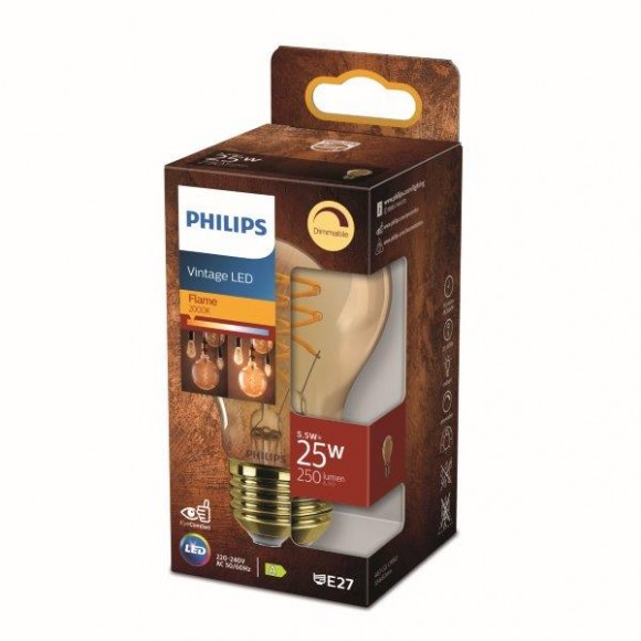 Philips 8718699774837 LED žárovka 1x5,5W | E27 | 250lm | 2000K - plamen, stmívatelná, jantarová, Eyecomfort