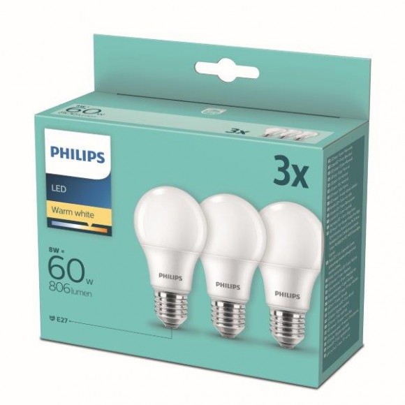 Philips 8718699775490 LED sada žárovek 3x8W-60W | E27 | 806lm | 2700K - set 3ks, bílá