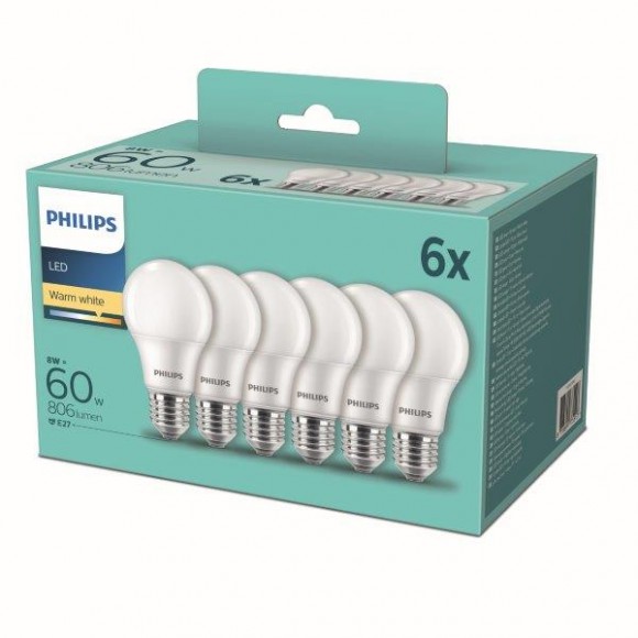 Philips 8718699775513 LED sada žárovek 6x8W-60W | E27 | 806lm | 2700K - set 6ks, bílá