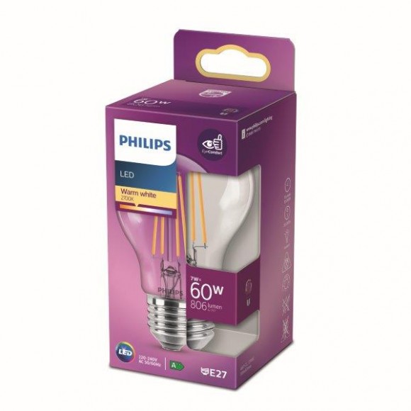 Philips 8718699777579 LED žárovka 1x7W | E27 | 806lm | 2700K - teplá bílá, čirá, Eyecomfort