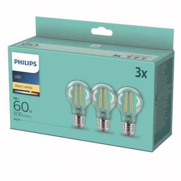 Philips 8718699777777 LED sada filamentových žárovek 3x7W-60W | E27 | 806lm | 2700K - set 3ks, čirá