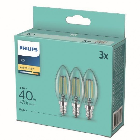 Philips 8718699777791 LED sada filamentových žárovek 3x4,3W-40W | E14 | 470lm | 2700K - set 3 ks, svíčka, čirá