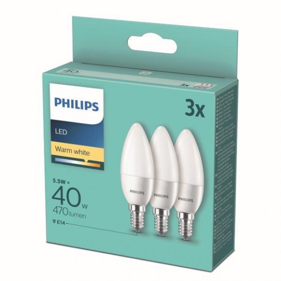 Philips 8718699777814 LED sada žárovek 3x5,5W-40W | E14 | 470lm | 2700K - set 3ks, svíčka, bílá