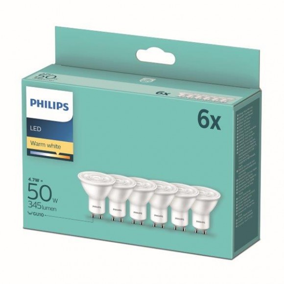 Philips 8718699777890 LED sada žárovek 6x4,7W-50W | GU10 | 345lm | 2700K - set 6ks, bílá