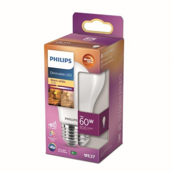 Philips 8718699780111 LED žárovka 1x7W | E27 | 806lm | 2200K - Warm Glow, stmívatelná, matná bílá, Eyecomfort
