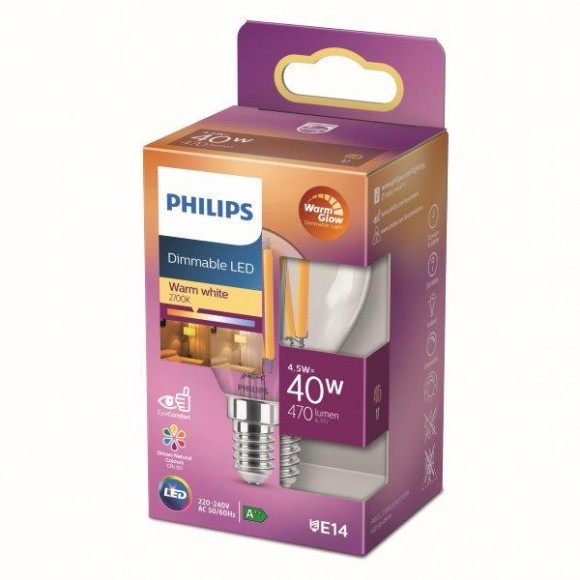 Philips 8718699780173 LED žárovka 1x4,5W | E14 | 470lm | 2200-2700K - Warm Glow, stmívatelná, čirá, Eyecomfort