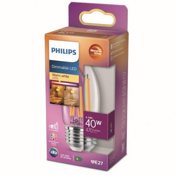 Philips 8718699780197 LED žárovka 1x4,5W | E14 | 470lm | 2700K - teplá bílá, stmívatelné, čirá, Eyecomfort