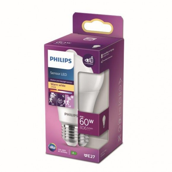 Philips 8718699782733 LED žárovka 1x8W | E27 | 806lm | 2700K - teplá bílá, se senzorem, matná bílá, Eyecomfort