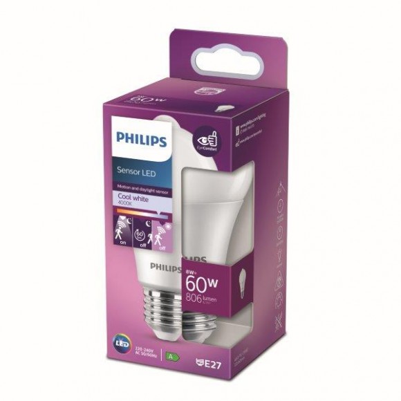 Philips 8718699782757 LED žárovka 1x8W | E27 | 806lm | 4000K - studená bílá, se senzorem, matná bílá, EyeComfort